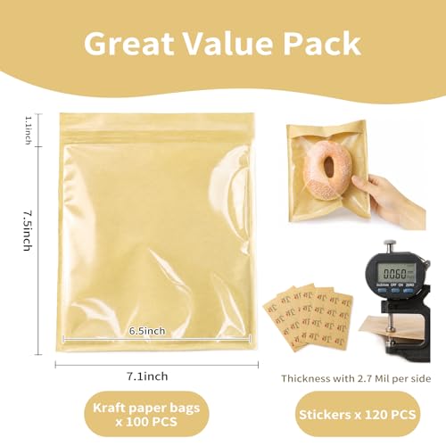 100 Pack Self Sealing Cookie Bags with Seal, 7.1x7.5 Inch Kraft Paper Bakery Bags with Window, Grease Resistant To Go Sleeves for Bake Sale Pastry, Brownie, Treat, Baked Goods Packaging - size: 7.1" x 7.5"