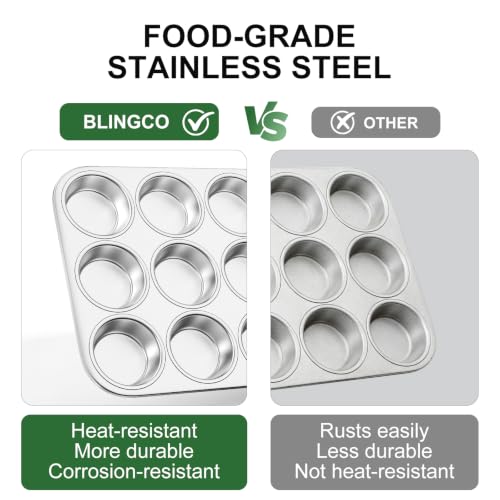 12-Cup Stainless Steel Muffin Pan, Cupcake Pan Metal Muffin Baking Tins for Oven & Dishwasher Safe, Cupcake Pans for Baking Non-toxic & Easy Clean Set of 2 ﻿