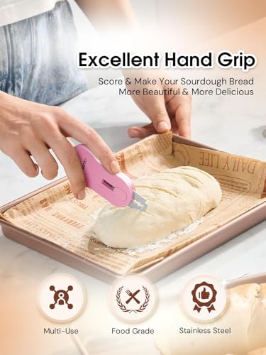 CLUEAPOP Bread Lame, Extractable & Magnetic Dough Scoring Tool - Professional Sourdough Scoring Tool - Sourdough Bread Baking & Bread Scoring Tool - Scoring Patterns Booklet & 5 Razor Blades - color: Peony