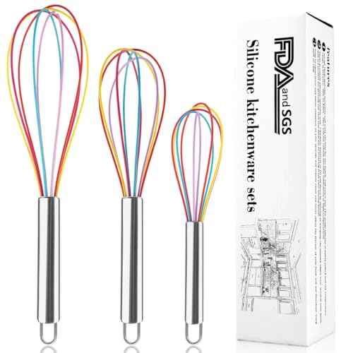 Silicone Whisk Set,Stainless Steel Handle Whisk 8" 10" 12" Rubber Whisks Cooking Non Scratch High Heat Resistant,Balloon Egg Beater for Whisking,Beating,Blending Ingredients,Mixing Sauces,Rainbow - color: Rainbow, size: 8" 10" 12"