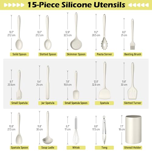 Homikit Kitchen Utensils Set, 15pcs Silicone Cooking Utensil with Holder - color: White
