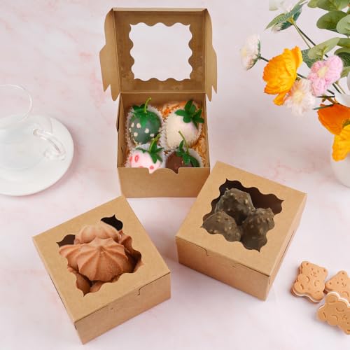WINKIO Cookie Boxes with Window, Small Bakery Boxes for Dessert Pastry - color: brown