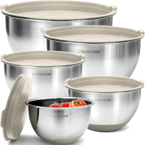 Priority Chef Premium Mixing Bowls With Lids Set, Airtight Lids, Thicker Stainless Steel, Non-Slip Base, 5 Nesting Steel Bowls for Kitchen, Large Prep Metal Bowl Set 1.5/2/3/4/5 Qt, Latte - color: Latte