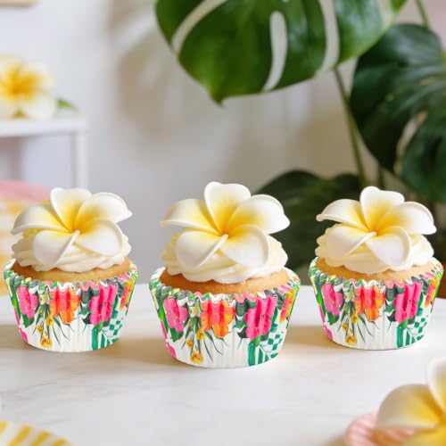 AnyDesign 300Pcs Tropical Luau Cupcake Liners Paper Baking Cups Hawaiian Palm Leaves Hibiscus Standard Muffin Cupcake Wrappers for Summer Beach Birthday Party Supplies - style: Hawaiian
