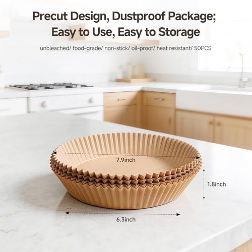 PakTalk Air Fryer Liners Disposable, Round Non-Stick Oil Proof Parchment Paper for Air Fryer Basket, Pre-Cut Bowl Shape Unbleached Food Grade for Oven Microwave Steamer (6.3 inch-50 pack) - size: 6.3 inch-50 pack