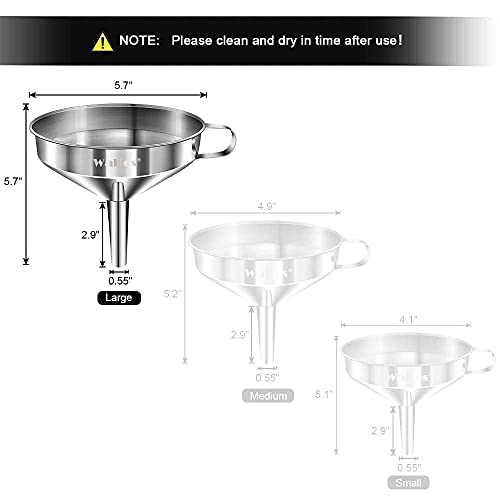 Large Stainless Steel Funnel, Walfos Kitchen Funnel with 2 Removable Strainer ＆ 1Pc Cleaning Brush, Perfect for Transferring of Liquid, Oils, Jam, Dry Ingredients & Powder (Big, 5.7") - color: 1pcs 5.7in Stainless Steel