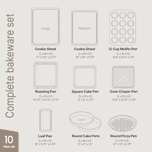 BAKKEN 10-Piece Kitchen Baking Pan Set - Commercial Grade Carbon Steel Bakeware, With Nonstick Coating, Stackable and Space-saving Design, PFOA, PFOS, PTFE Free, Oven Safe (Up To 450°F), Gray Marble - color: Gray Marble, size: 10 Piece Set