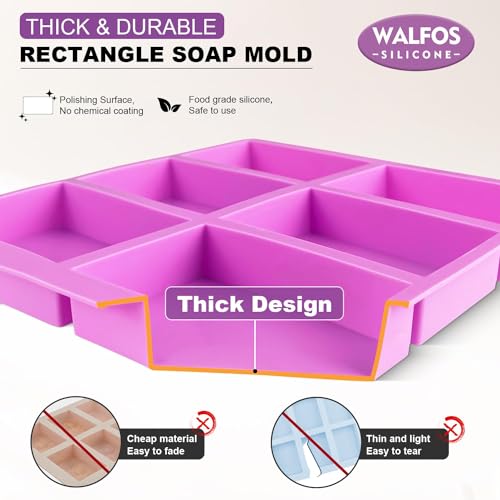 Walfos Silicone Soap Molds Set of 3, 6 Cavities Rectangle Silicone Soap Molds for Homemade Craft Soap Mold, Cake,Chocolate ＆ Ice Cube Tray（Blue & Purple ＆ Pink） - color: Pink+blue+purple/rectangle