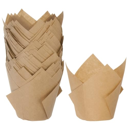 M METERXITY 50-Pack Tulip Cupcake Liners, Standard Size Heat-Resistant Greaseproof Paper Baking Cups for Wedding/Birthday Party/Christmas, Cupcake Wrapper[Mocha] - color: Mocha