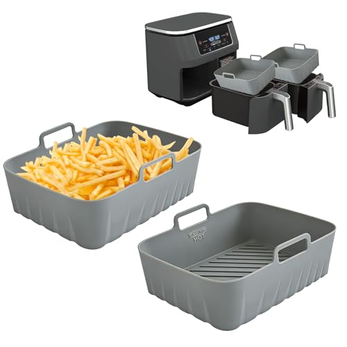 Golden Associate Silicone Liners Rectangle 2 Pcs for Air Fryer Dual Basket 8 to 10 Qt, Food-grade Reusable Baking Tray Fit Ninja DZ201 DZ401 DZ550, 4 to 5 Qt Each, Airfryer Accessories Grey - size: 8.5x5.5''dual
