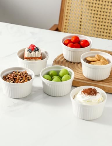 8 oz Ramekins Oven Safe Set of 6, Souffle Dish Baking Bowls, Custard Dessert Cups for Pudding Yogurt Ice Cream, Ceramic Ramiken Bowl, White - color: White