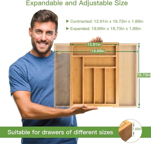 Pipishell Expandable Bamboo Silverware Organizer, Large Kitchen Drawer Tray - color: Natural, size: Large