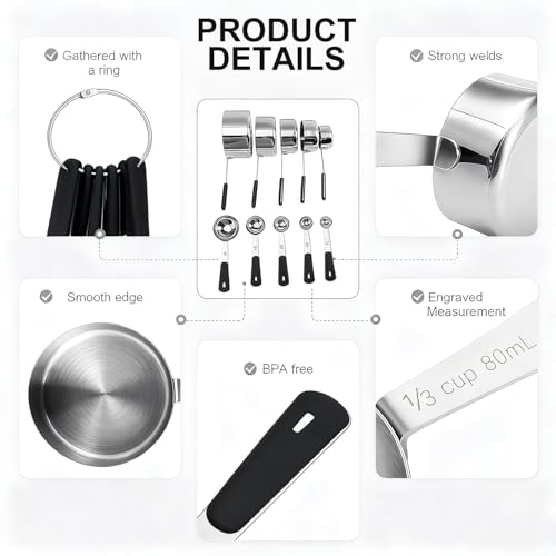 10-Pcs Stainless Steel Measuring Cups & Spoons Set, Black Handles - color: Black