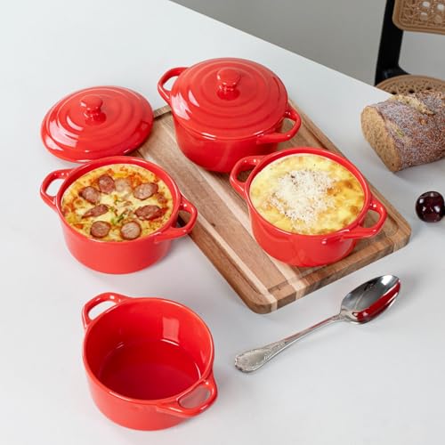 Mini Dutch Oven Set of 4, 14 oz Ceramic Mini Dutch Ovens with Lids and Handles, Ramekins with Lids for French Onion Soup, Pot Pies, Soufflés and Baked Desserts, Oven Microwave Dishwasher Safe, Mini Cocotte，（Red） - color: Red