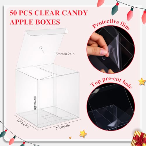 Weysat 100 Pcs Candy Apple Boxes, Pink Base Clear PET with Hole Top - color: Pink