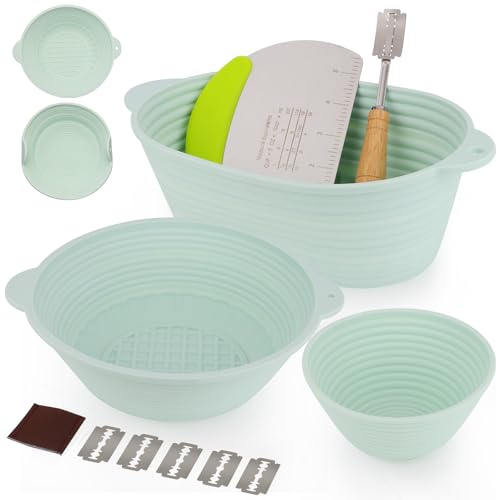 3Pcs Silicone banneton basket(Green),sourdough starter kit,silicone proofing baskets for sourdough bread baking.Folds Storage,Non-stick,Dishwasher Safe - color: Green
