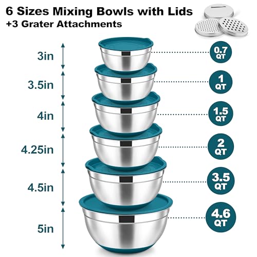 TeamFar Mixing Bowls, Stainless Steel Salad Bowl with Lid & Graters -Blue - color: Blue