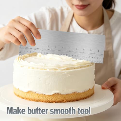 12 Inch Stainless Steel Cake Scraper with Scale, Icing Smoother Tool, Double-Sided Scraper for Buttercream Frosting, Cake Decorating, Baking(Silver)