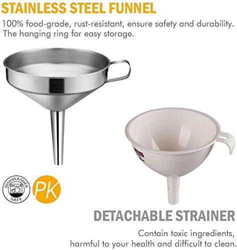 Kitchen Funnel, 3 Piece Stainless Steel Funnels Set with Handle Design and Removable Strainer, Great for Transferring of Liquid, Fluid, Dry Ingredients & Powder, Funnels for Filling Bottles - color: Funnel set-3