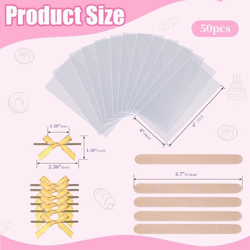 50pcs 4x6" Clear Cakesicle & Rice Krispie Treat Bags, Individually Wrapped. Includes Stick, Tie & Bow Kit. Perfect for Macarons, Candies, Apples, Cookies, Cakes, Ore Pops - Ideal Party Favors - color: Gold