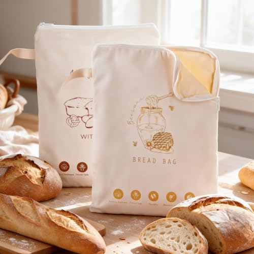 2 Pack Reusable Beeswax Bread Bags for Homemade Sourdough, with Wide Zipper - color: Ivory