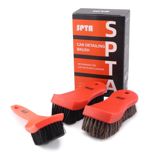 SPTA 3Pcs Car Detailing Brush Kit, Leather & Textile Interior Brush, Comfortable Grip and Scratch-Free Cleaning for Dashboard, Wheels, Seats, Foot Mats and Small Areas, Black
