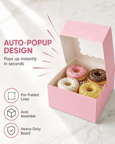 Bakepacker Auto-pop up Cookie Box with Window 6"x 6"x 3" 240Pcs Pink - color: Pink, 240Pcs