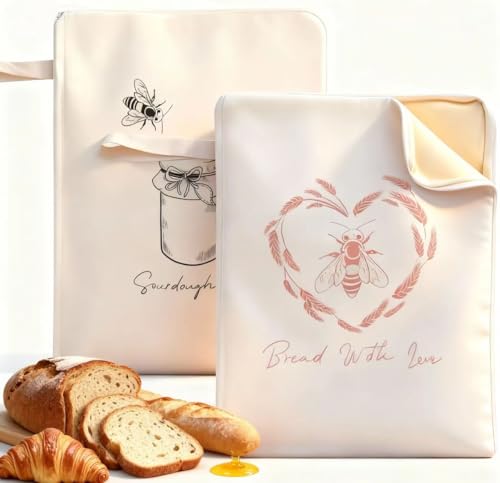 Premium Beeswax Bread Bags for Sourdough with Wide Zipper Access, 2 Pack XL(13x17in) Reusable Organic Beeswax-Coated Linen Cotton Bread Bags for Homemade Bread, Keeps Bread Fresh Naturally - color: White - Little Bee
