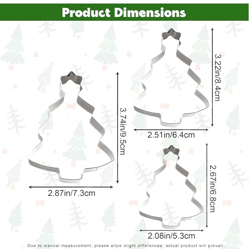 3Pieces Christmas Tree Cookie Cutter Set, Christmas Cookie Cutters, Stainless Steel Biscuit Cutters for Baking Xmas Holiday Party Decorations