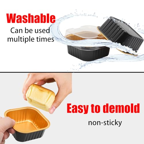 50 Pack 5oz Mini Square Cake Pans with Lids, Black Gold - color: Black/Gold, size: Square