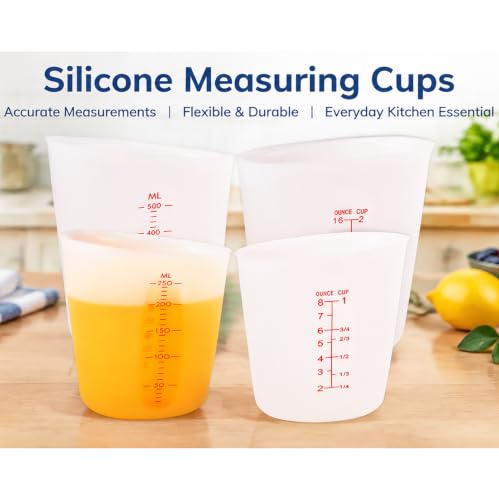 Hedume Set of 4 Silicone Flexible Measuring Cups with Marking, 2 Pack 8 Ounces(1-cup) and 2 Pack 16 Ounces(2-cup) Squeeze and Pour Silicone Measuring Cup Set