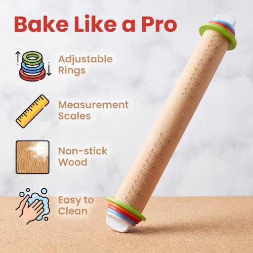 Wood Rolling Pin with Thickness Rings, 17"Adjustable Wooden Rolling Pins for Baking, Dough Roller Pins for Cookie Pastry Tools Cake Baker, Fondant Roller for Decorating Bakery Supplies Kitchen Gadgets - size: 17inch+Wood