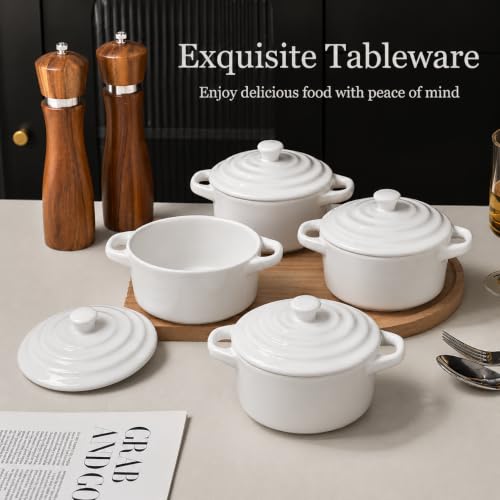 Mini Dutch Oven Set of 4, 14 oz Ceramic Mini Dutch Ovens with Lids and Handles, Ramekins with Lids for French Onion Soup, Pot Pies, Soufflés and Baked Desserts, Oven Microwave Dishwasher Safe, Mini Cocotte, White - color: White