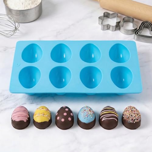 1 Pack Silicone Egg Molds 8 Cavity Easter Silicone Candy Mold 3D Egg-Shaped Silicone Baking Mold for Chocolate, Jello, Mini Cakes, DIY Desserts, Candy, Ice, Pudding, Baking (1, Blue) - color: Blue