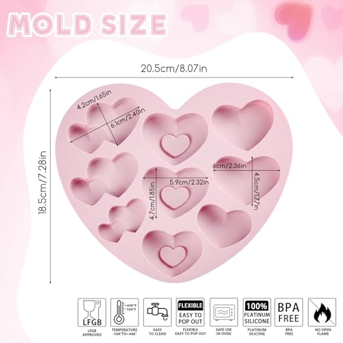 Valentines Silicone Mold Pink Heart Silicone Chocolate Mold with 3 Types Different Heart Pattern Desidn Reusable Silicone Molds 10-Cavities Non-Stick Baking Molds for Candy Pudding Jelly Making - color: Valentines Styl 46