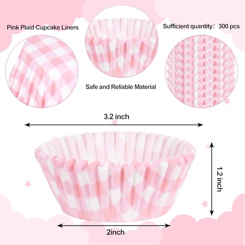 Whaline 300 Pcs Pink Plaid Cupcake Liner Paper Pink Checkered Muffin Liner Baking Cups 2 x 1.2 Inch Cute Cupcake Wrappers for Baby Bridal Shower Wedding Birthday Party Supplies - color: Pink