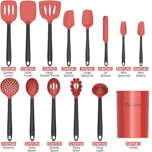 Coukre Silicone Kitchen Cooking Utensils Set, Heat Resistant, 14-Piece - color: Red