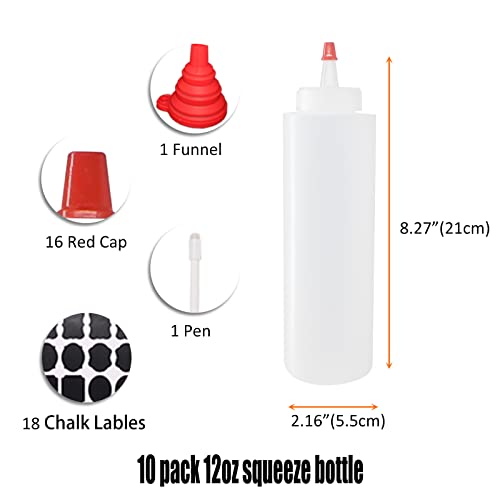10 Pack 12 oz Plastic Squeeze Bottles with Red Tip Caps - size: 12 Ounces (Pack of 10)