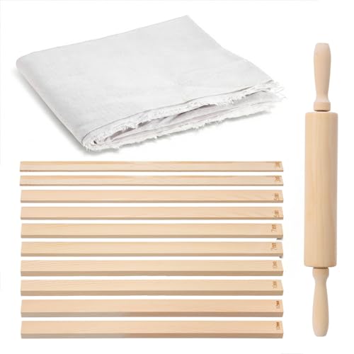 12 Pcs Pottery Tools Set with Clay Rolling Pin, Wooden Rolling Pin for Pottery Wheel, 10 Teaching Mud Stick Guides, Linen Tablecloth for Ceramic Craft, Portable Wedging Board Alternative