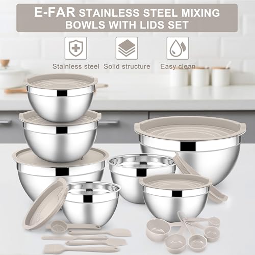 E-far Stainless Steel Mixing Bowls, 21PCS Mixing Bowls with Airtight Lids - color: Khaki, size: 7 Large Sizes