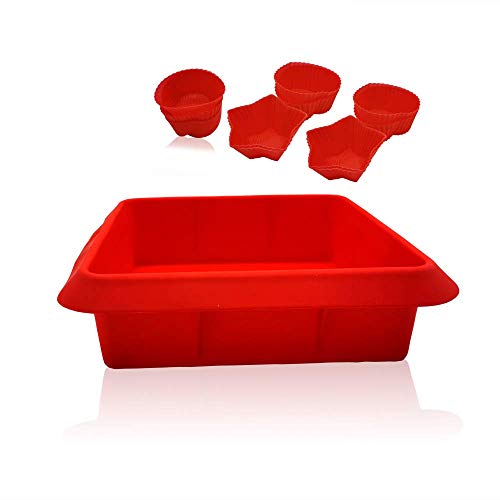 8X8inch Silicone Square Cake Baking Pan, Deep-Dish Roasting Lasagna, Silicone Baking Bakeware Brownie Pan +10 Pastry Muffin Molds Set of 11(Red)