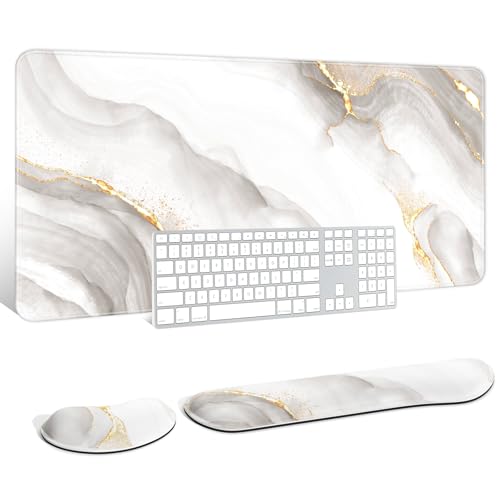 Large Mouse Pad with Wrist Rests for Keyboard & Mouse, Thick Soft Ergonomic Memory Foam Wrist Supports, Big & Long Desk Mat 35.5 x 15.7 in, for Office Gaming Computer, White Gold Marble - color: White Gold Gray Marble