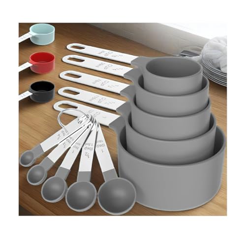 10Pcs Measuring Cups & Spoons Set, Stackable Cups and Spoons, Nesting Measure Cups with Stainless Steel Handle, Kitchen Gadgets for Cooking & Baking (Gray) - color: Gray