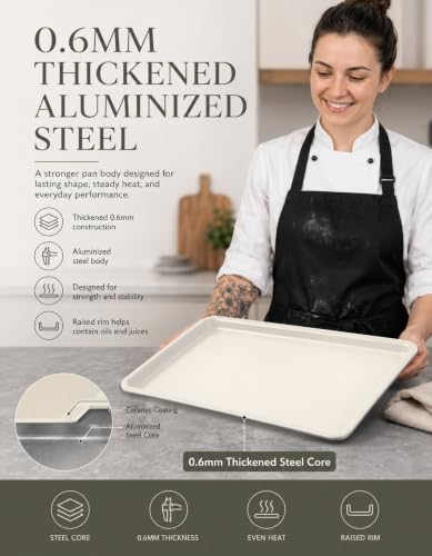 Boxiki Kitchen Ceramic Baking Sheet Half Size 17"x11" - Heavy Duty 0.6mm Aluminized Steel Pan, KFCC Ceramic Nonstick Cookie Sheet, Oven Safe to 550°F, Rustproof & Warp Resistant Baking Tray (2PCS) - color: 2 PCS Ceramic Light Grey