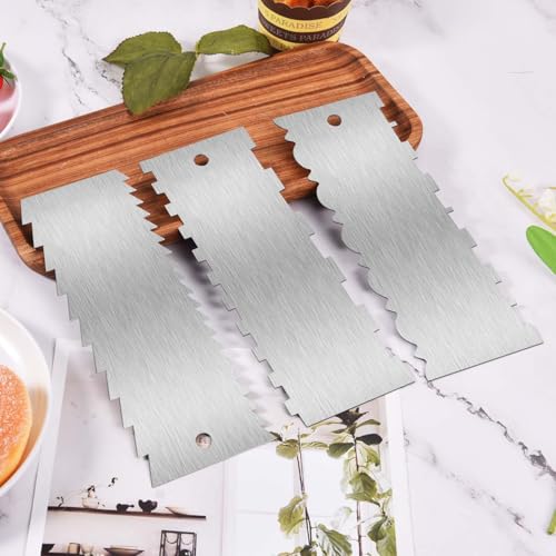 SenseYo 3 Pcs 9 Inch Stainless Steel Cream Cake Scraper Smoother Comb with Double Sides for Decorating Icing Mousse Butter - size: 3