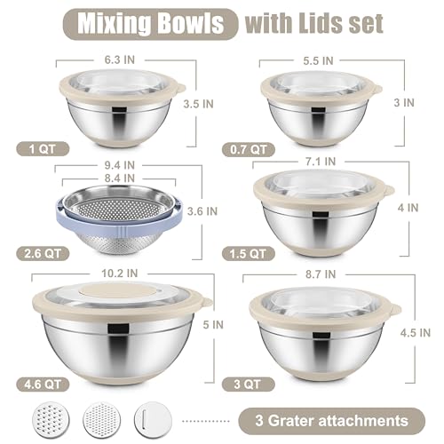 E-far Stainless Steel Mixing Bowls with Lids & Colander, 15PCS - color: Khaki