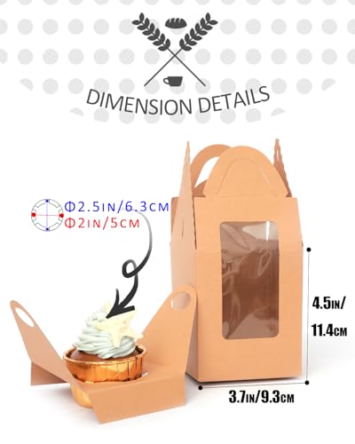qiqee 60pcs Auto Pop-up Cupcake Boxes Individual Disposable Brown Single Box with Window 3.7"x3.7"x4.5" Cupcake Containers/Holders - color: Brown, size: 60Pcs, One Holder