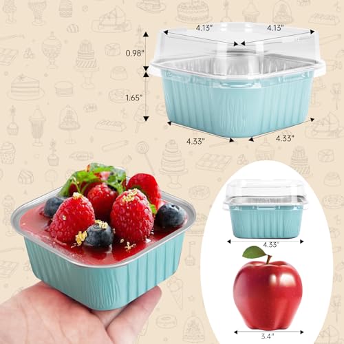 50 Pcs Mini Square Baking Cups with Lids,10oz Aluminum Foil Mini Cake Pans with Lids,Disposable Ramekins Cake Pans,300ml Dessert Cups Cupcake Pans for Wedding Birthday Party,Blue - color: Blue, size: 10oz