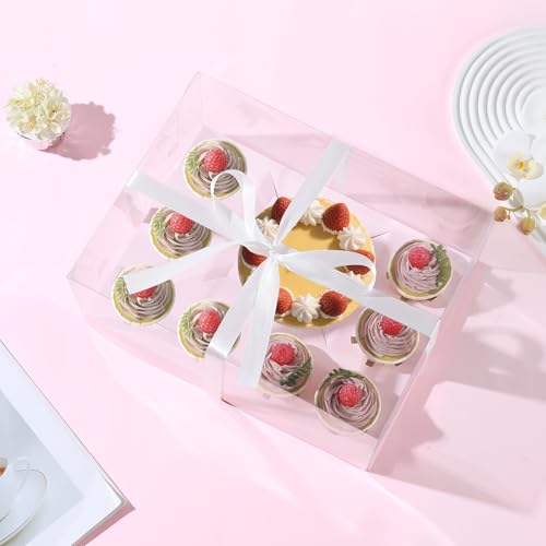 JCD 3 Pcs Pink Cake and Cupcake Combo Bento Boxes with Clear Lid Fit 8 Cupcake and 1 Mini Cake for Valentine Wedding Birthday Party Bakery Supplies(Pink 1+8/3Pcs) - size: Pink 1+8/3Pcs