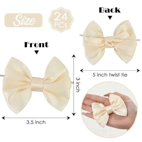 AIMUDI Ivory Satin Ribbon Bows with Twist Ties for Treat Bags 3.5" Ivory Bows for Crafts Small Bows for Gift Wrapping Premade Bows for Cake Pop Candy Apples Gift Bags Wedding Baby Shower -24 Counts - color: Ivory
